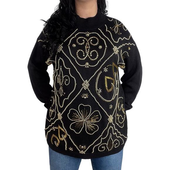 Victoria Jones 1980s Vintage Black & Gold Beaded Embroidered Sweater Large - Picture 4 of 10